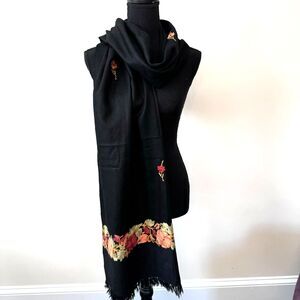Black Wool Shawl with Floral Embroidery Stitching and Fringed Ends